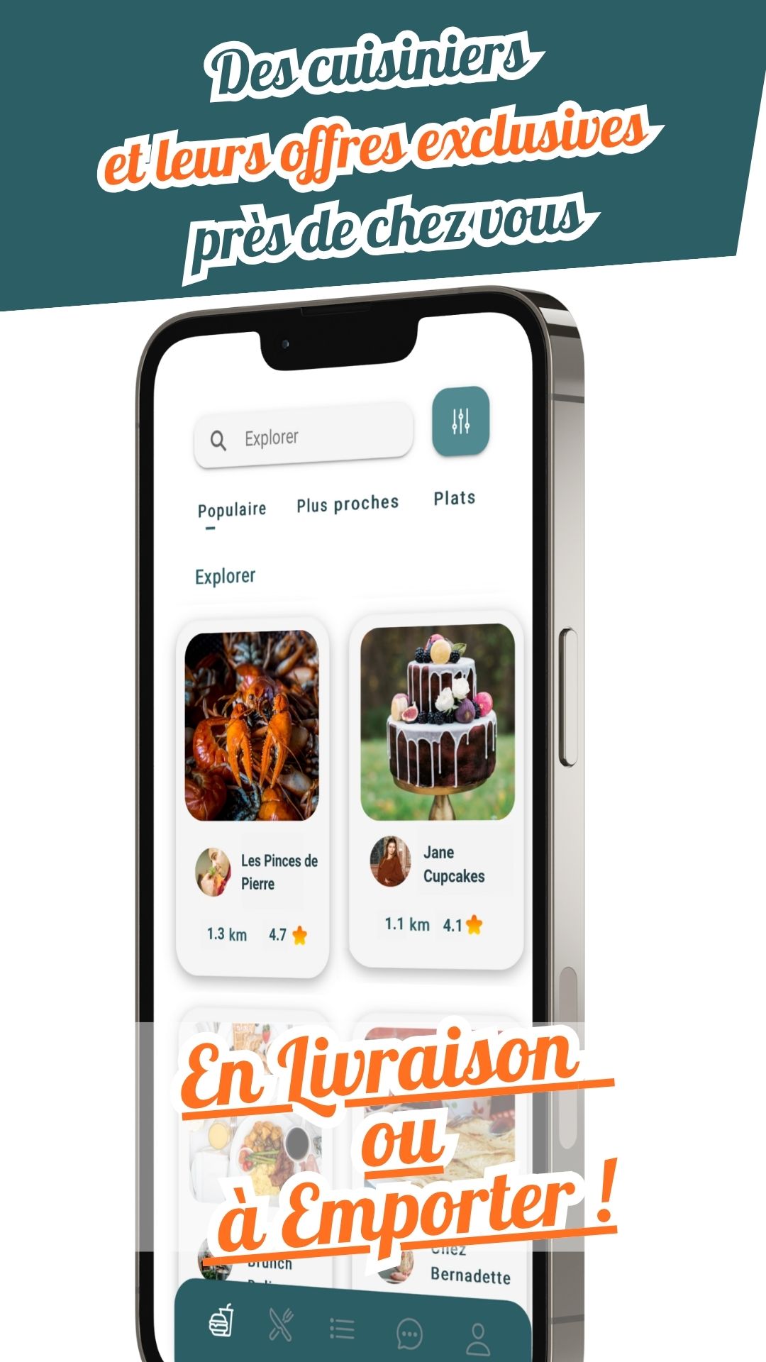 Capture d'écran de l'application Welt montrant l'interface client pour commander des repas maison et réserver des chefs à domicile
